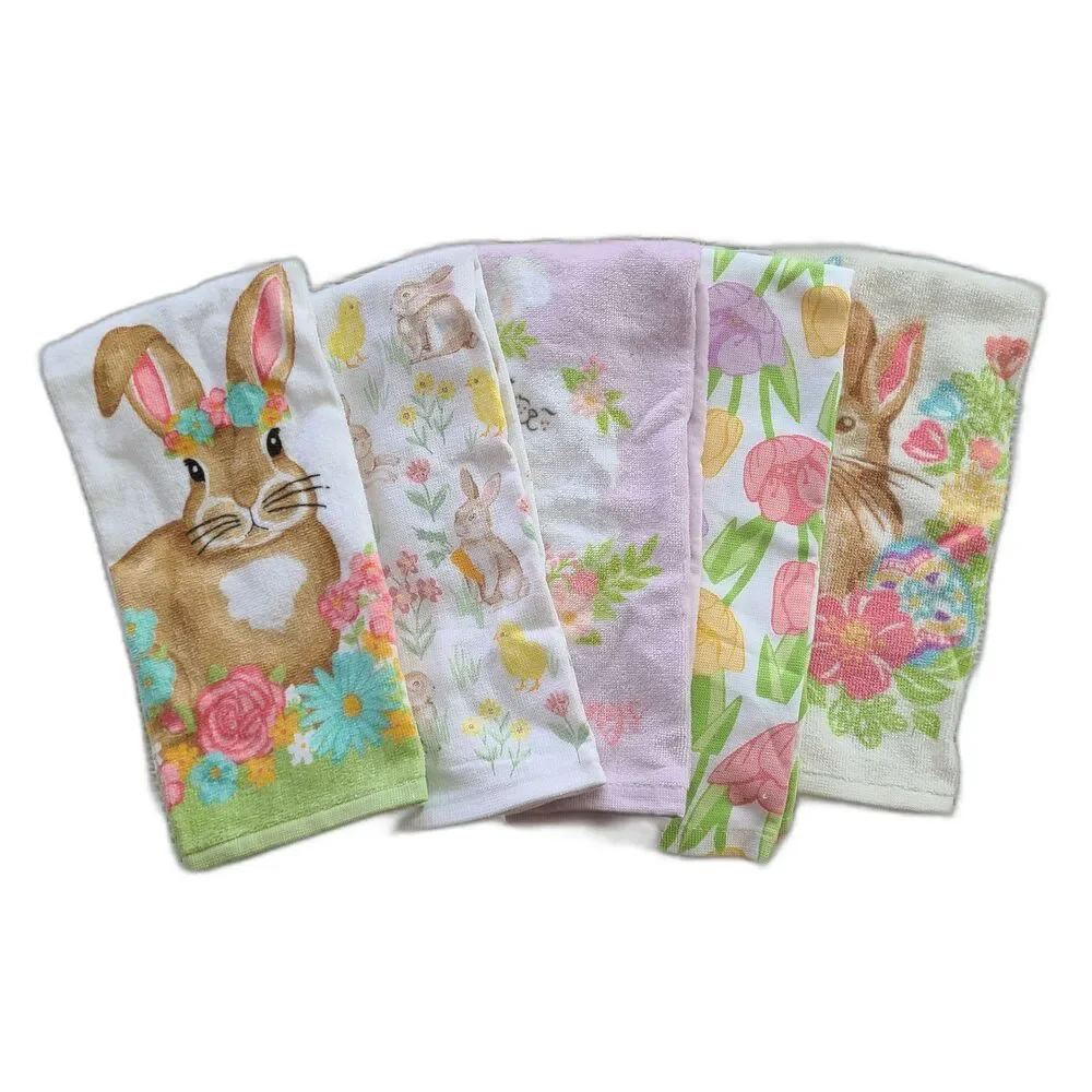 Set of Five Easter Bunny and Spring Floral Terrycloth Kitchen Towels 100% Cotton